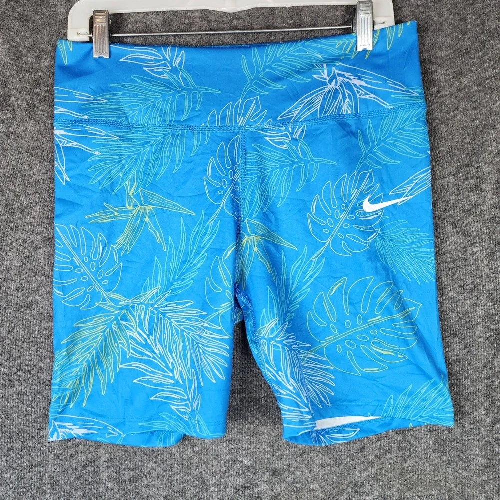 Nike Shorts Womens XL Dri-FIT Tropical Leaf Blue Compression Bike Shorts EUC